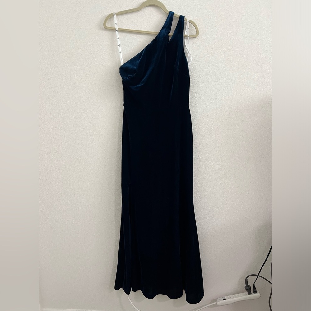 Navy Velvet One Shoulder Floor Length Gown